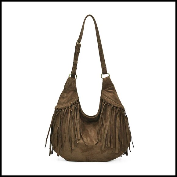 Handbags - Brown Suede Hobo Purse Vintage Y2K Crossbody Shoulder Bag Fringe Tote